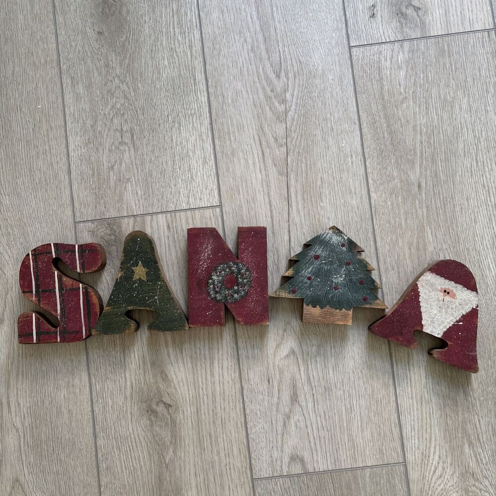 SANTA rustic handpainted wood whimsical letters 2006 Y2K Retro granny Cottagecor